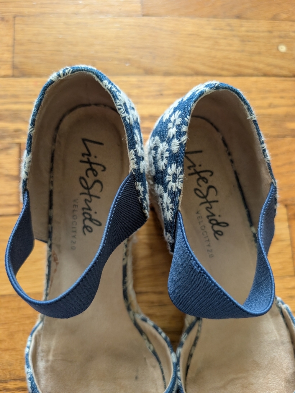 Life Stride Blue Espadrille w/ White Daisy Embroidery Wedge Sandals - Picture 5 of 7